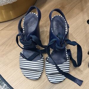 Tory Burch Navy and White Striped Lace-Up Sandals